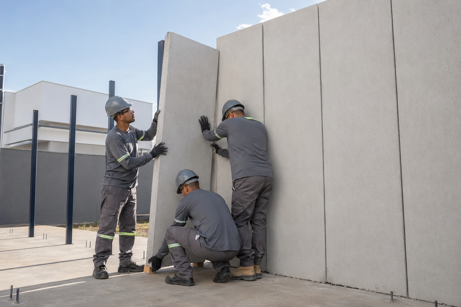 Equipe instalando painéis Ecoplak verticalmente